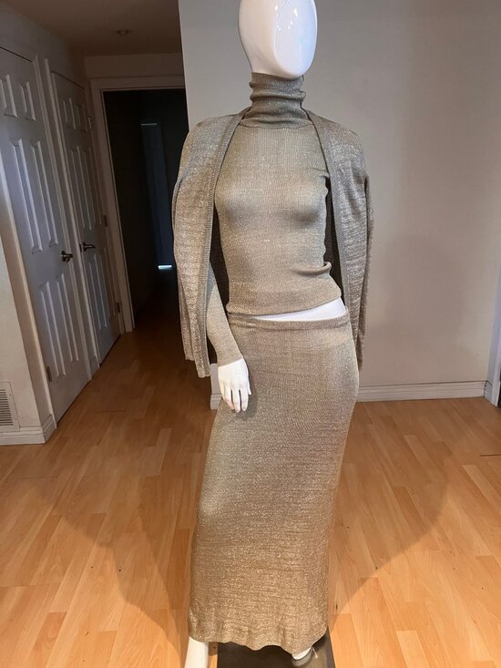 Anne Klein Dresses & Skirts - 90'S ANNE KLEIN VINTAGE GOLD LUREX 3 PCS CARDIGAN TOP SKIRT SET SZ S SMALL